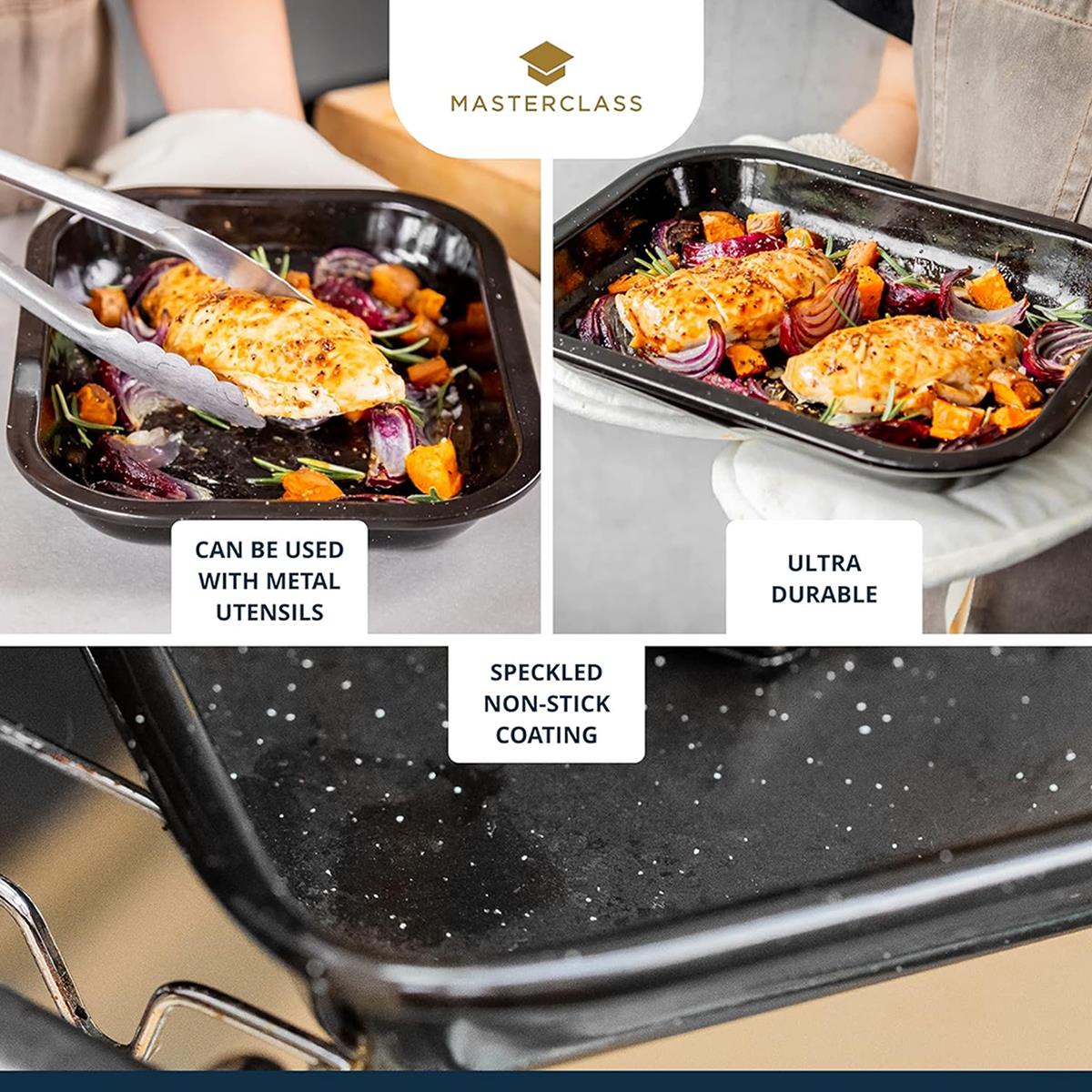 MasterClass Vitreous Enamel 27cm Roasting Tin 1mm Induction Carbon Steel Small Baking Pan Scratch Resistant Black - Image 4