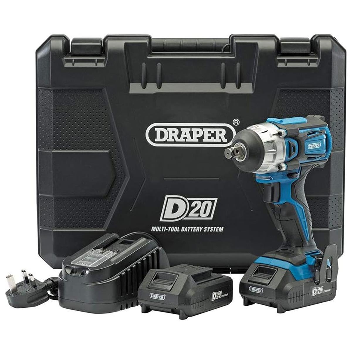 Draper D20 20V Brushless 1/2 Inch Mid-Torque Impact Wrench Kit 250Nm With 2 x 2.0Ah Batteries And Charger Blue/Black