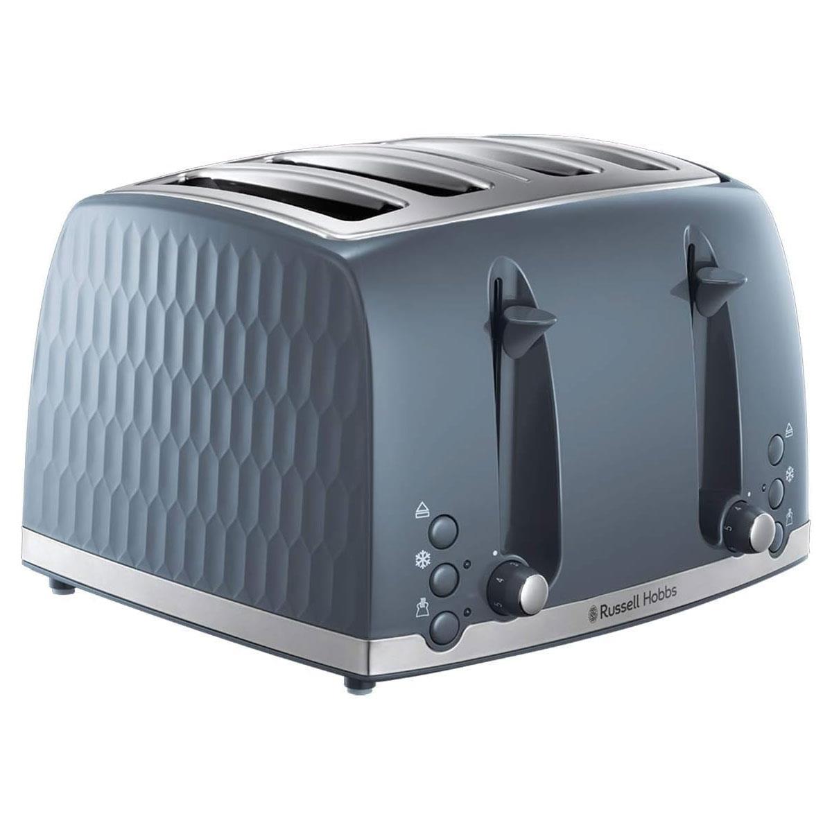 Russell Hobbs Honeycomb 4 Slice Toaster 1500W Extra Wide Slots High Lift Frozen Reheat Cancel Grey