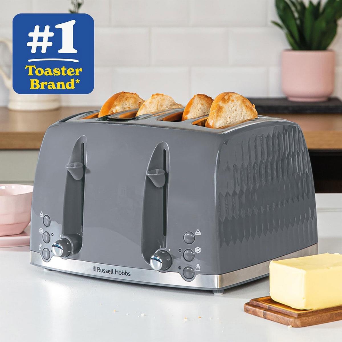 Russell Hobbs Honeycomb 4 Slice Toaster 1500W Extra Wide Slots High Lift Frozen Reheat Cancel Grey - Image 2