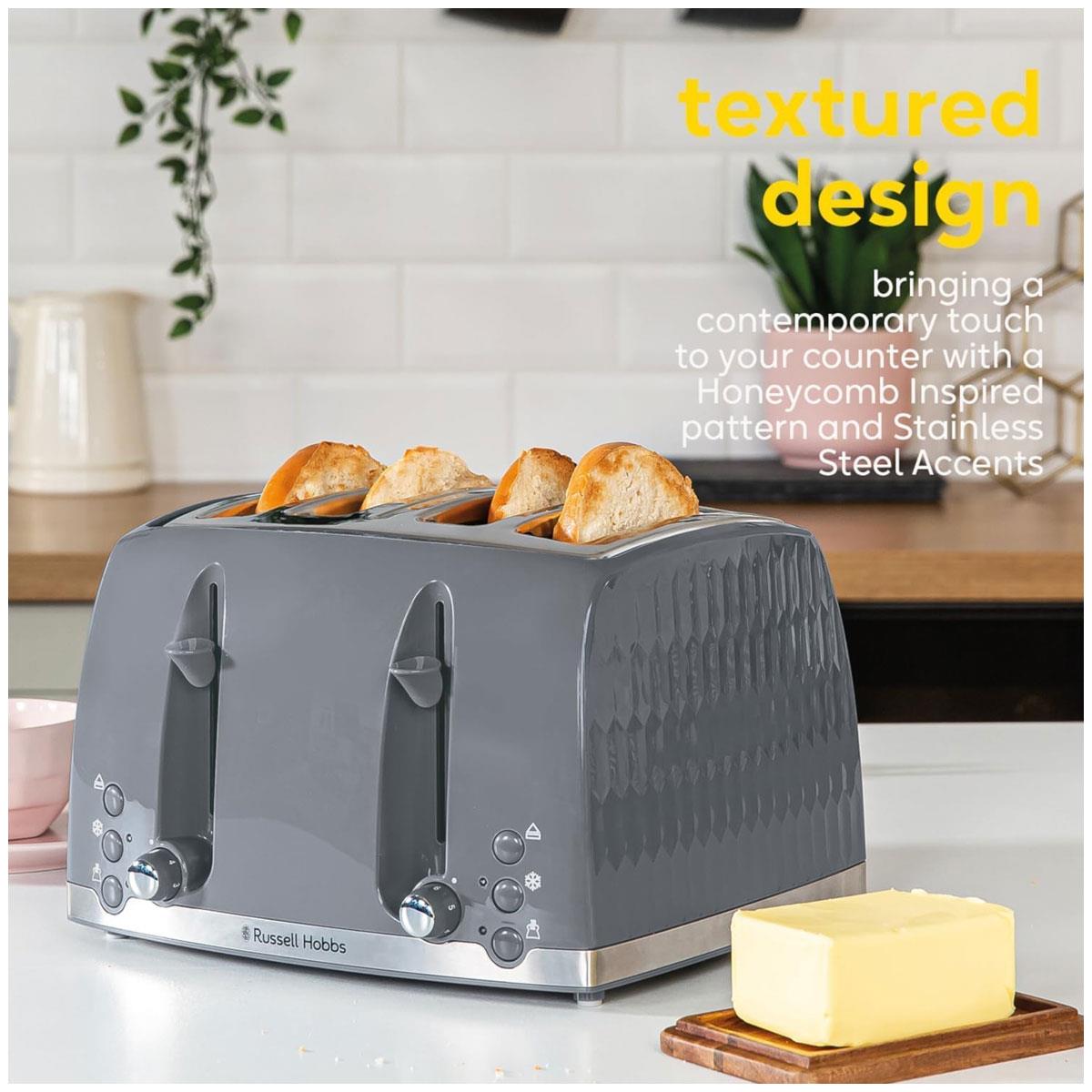 Russell Hobbs Honeycomb 4 Slice Toaster 1500W Extra Wide Slots High Lift Frozen Reheat Cancel Grey - Image 5