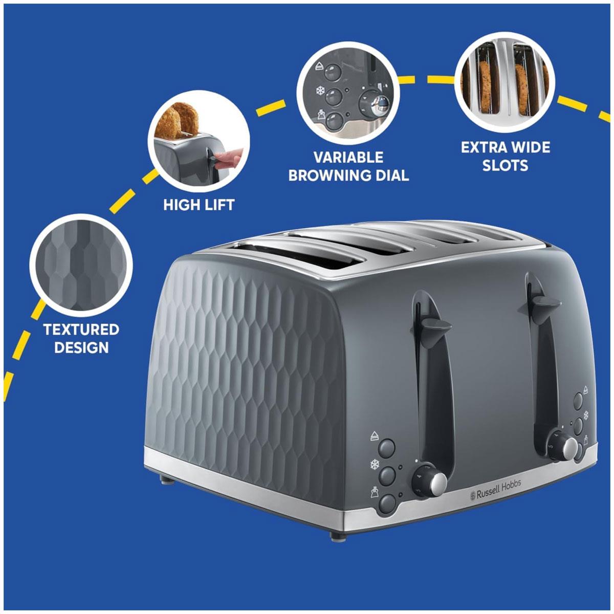 Russell Hobbs Honeycomb 4 Slice Toaster 1500W Extra Wide Slots High Lift Frozen Reheat Cancel Grey - Image 7