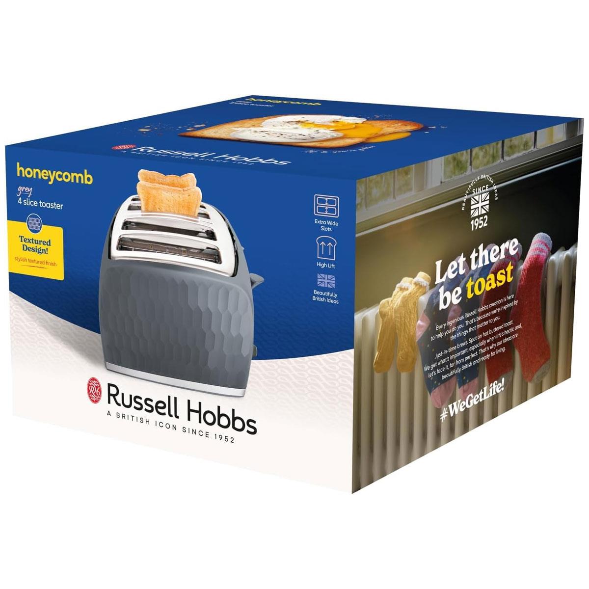 Russell Hobbs Honeycomb 4 Slice Toaster 1500W Extra Wide Slots High Lift Frozen Reheat Cancel Grey - Image 9
