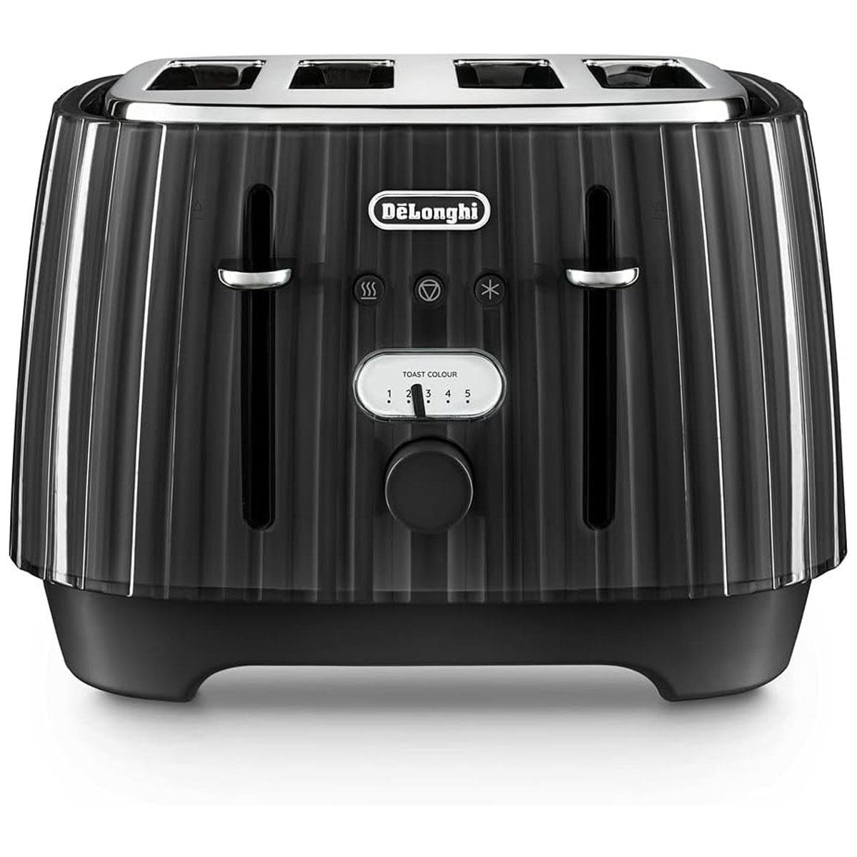 Delonghi Ballerina 4 Slice Toaster 1800W Metal with 5 Browning Levels Defrost Reheat & Cancel Black UK Plug