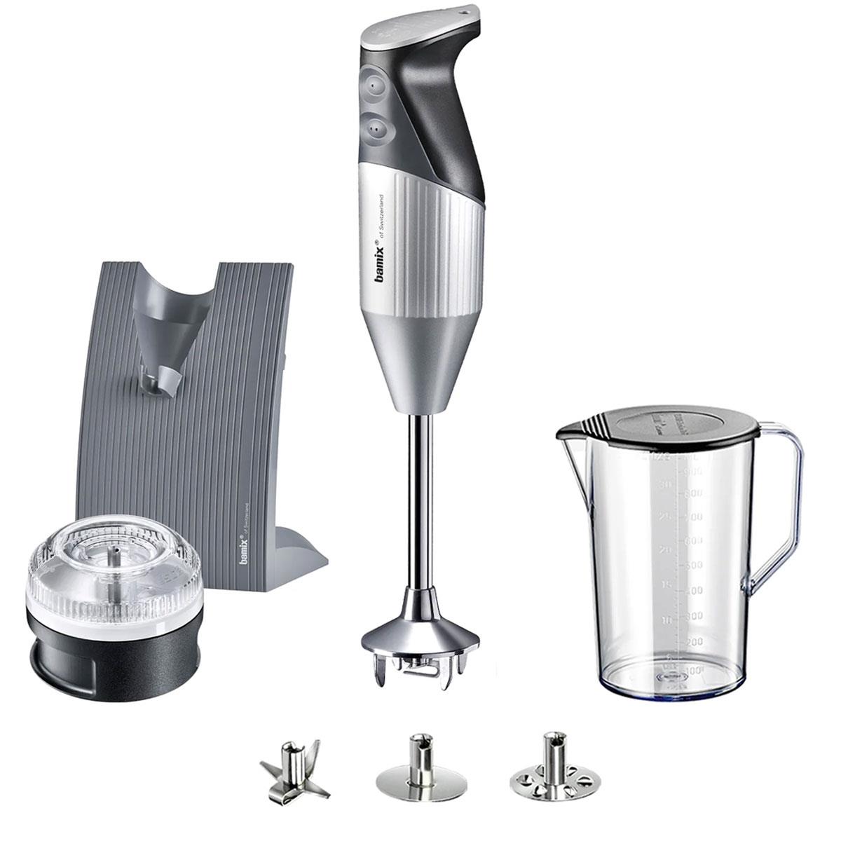 Bamix Swissline Hand Blender 200W Silver with Stainless Steel Wand 2 Speeds Food Processor Bowl and Accessories