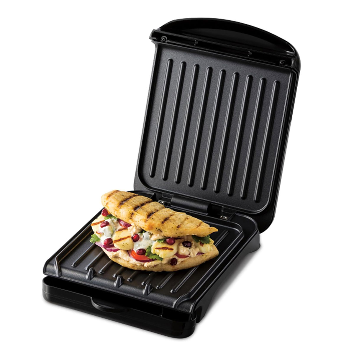George Foreman Small Electric Fit Grill 760W Black Non Stick Panini Toastie BBQ Griddle with Drip Tray