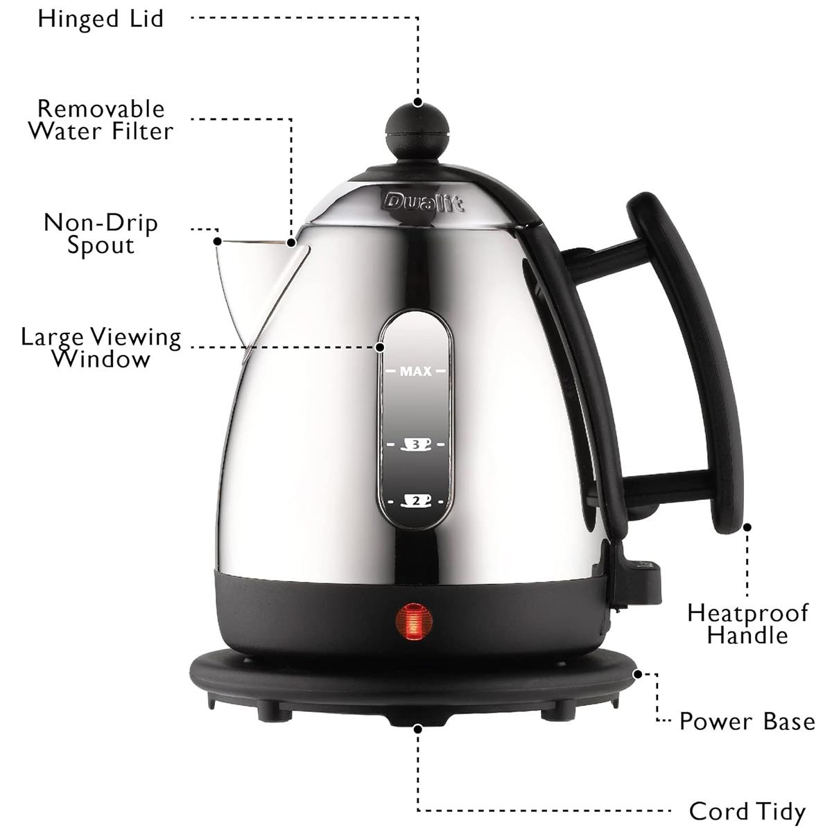 Dualit Mini Lite Electric Kettle 1L 2200W Stainless Steel With Rapid Boil, Non-Drip Spout - Silver/Black - Image 8