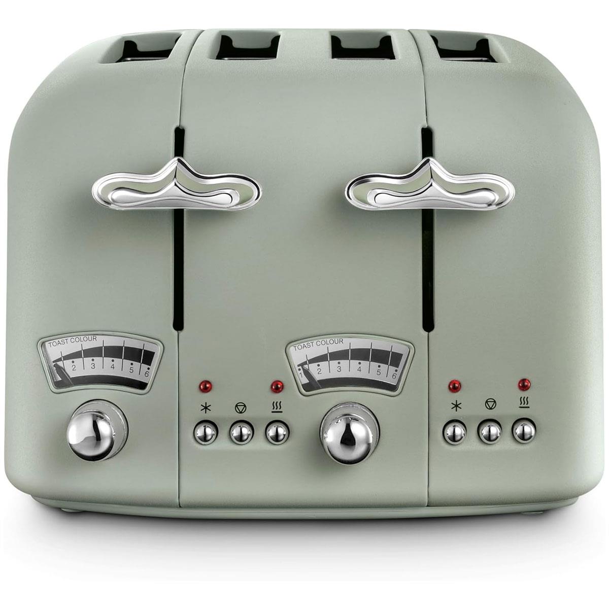 Delonghi Argento Flora 4 Slice Toaster Stainless Steel Wide Slots Variable Browning 1800W Peppermint Green