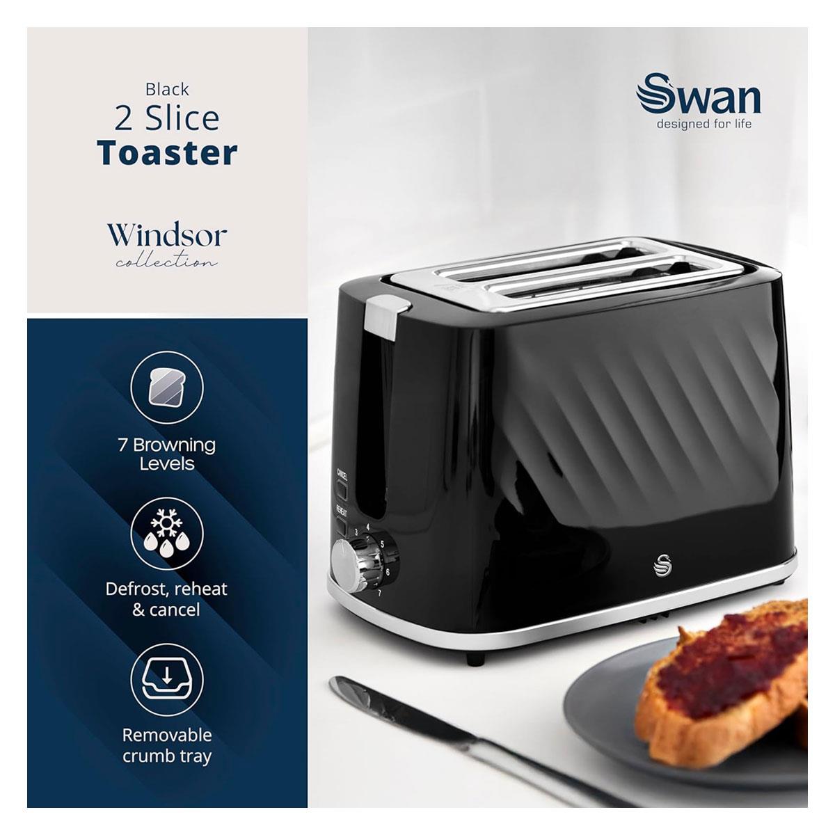 Swan Windsor 2 Slice Toaster 900W Black with 7 Browning Levels Defrost Reheat Cancel Functions & Removable Crumb Tray - Image 3