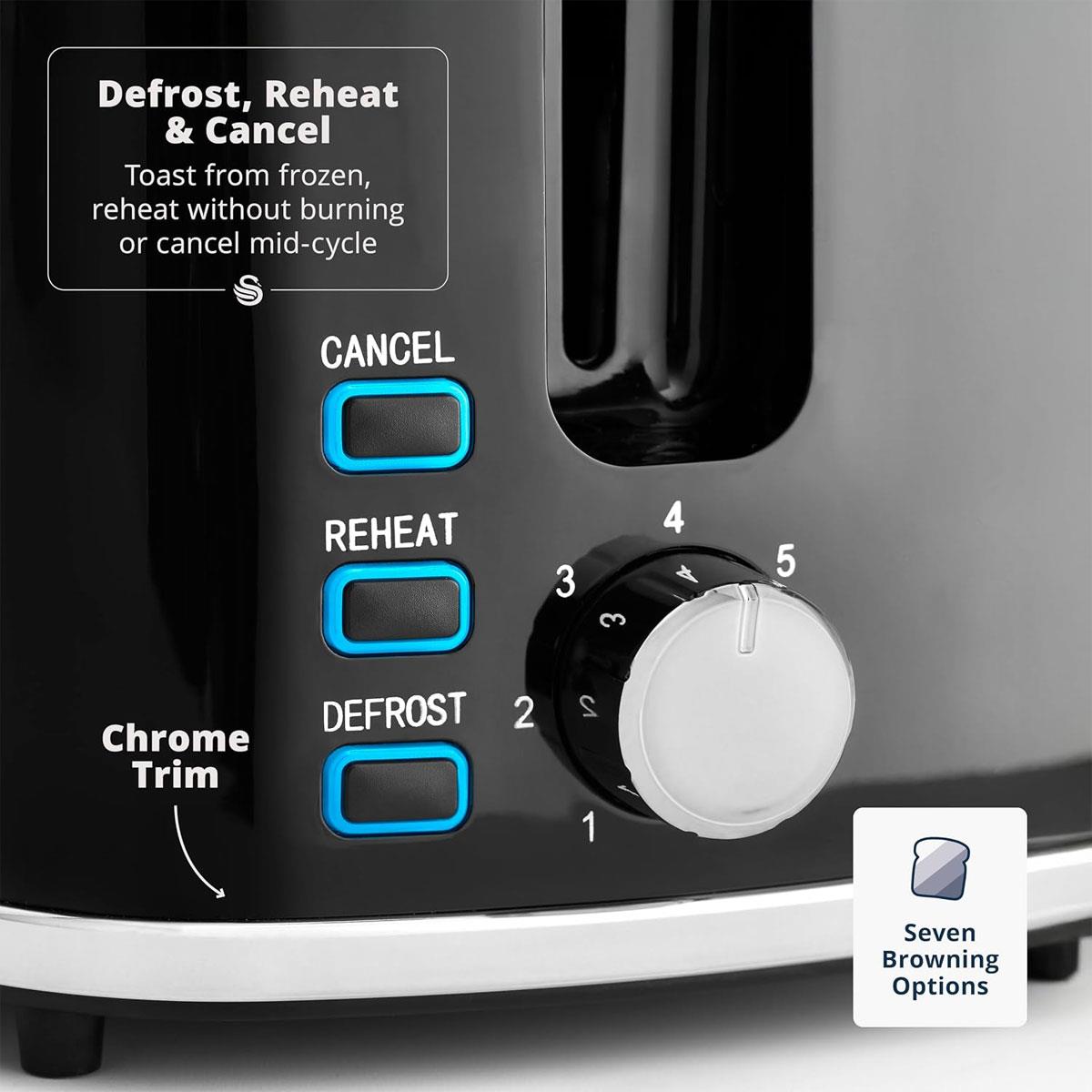 Swan Windsor 2 Slice Toaster 900W Black with 7 Browning Levels Defrost Reheat Cancel Functions & Removable Crumb Tray - Image 4
