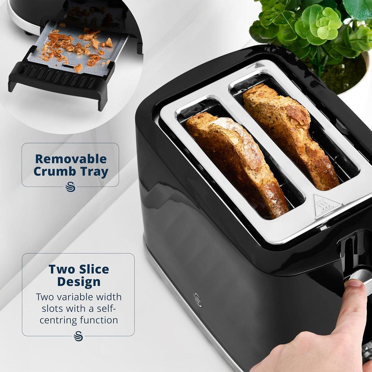 Swan Windsor 2 Slice Toaster 900W Black with 7 Browning Levels Defrost Reheat Cancel Functions & Removable Crumb Tray - Image 5