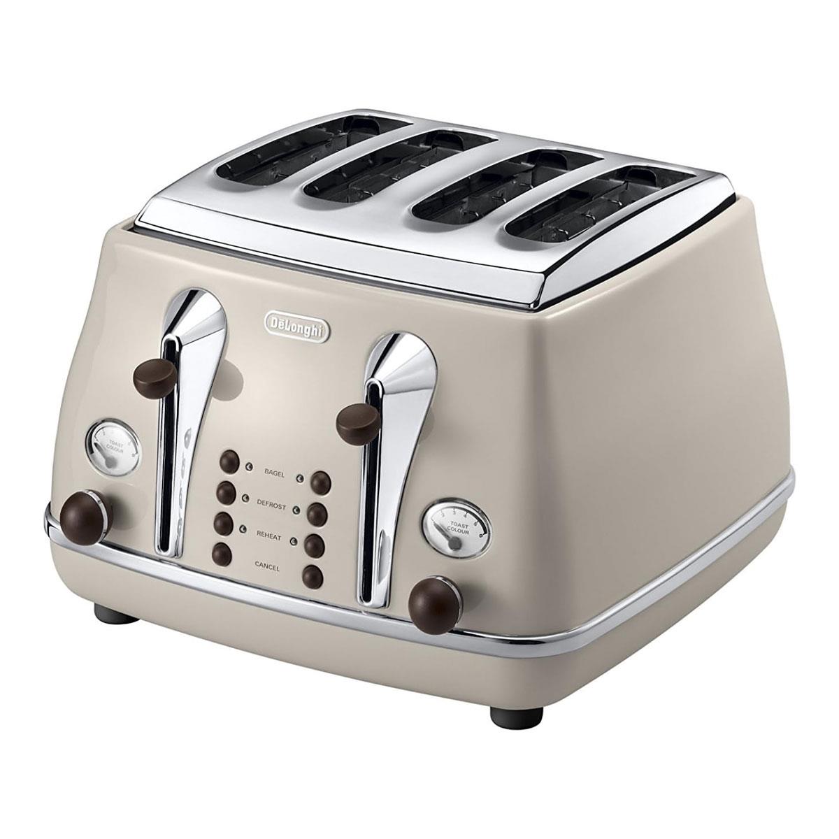 De'Longhi Icona Vintage 4 Slot Toaster Beige Stainless Steel with Reheat Defrost Bagel Function & 6 Browning Settings
