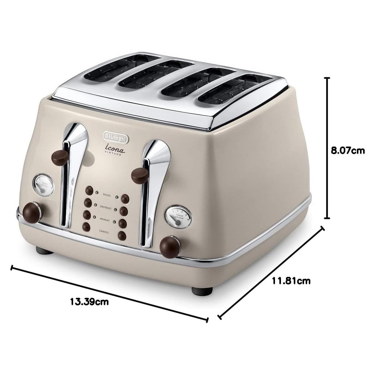 De'Longhi Icona Vintage 4 Slot Toaster Beige Stainless Steel with Reheat Defrost Bagel Function & 6 Browning Settings - Image 3