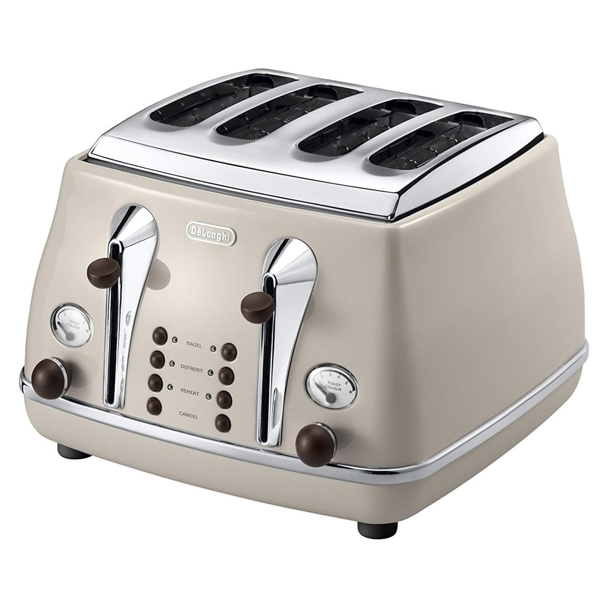 De'Longhi Icona Vintage 4 Slot Toaster Beige Stainless Steel with Reheat Defrost Bagel Function & 6 Browning Settings - Image 4