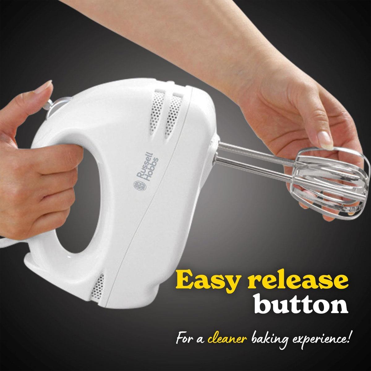 Russell Hobbs Food Collection Electric Hand Mixer 125W White 6 Speed with Chrome Beaters and Easy Release Button - Image 5