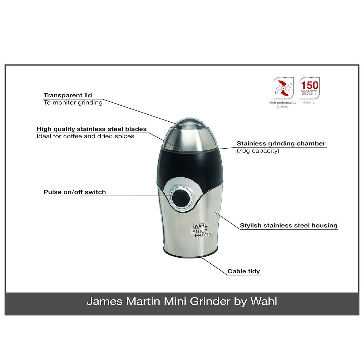 Wahl James Martin Mini Grinder 150W Electric Coffee & Spice Grinder 70g Stainless Steel Silver Safety Lock Lid - Image 5