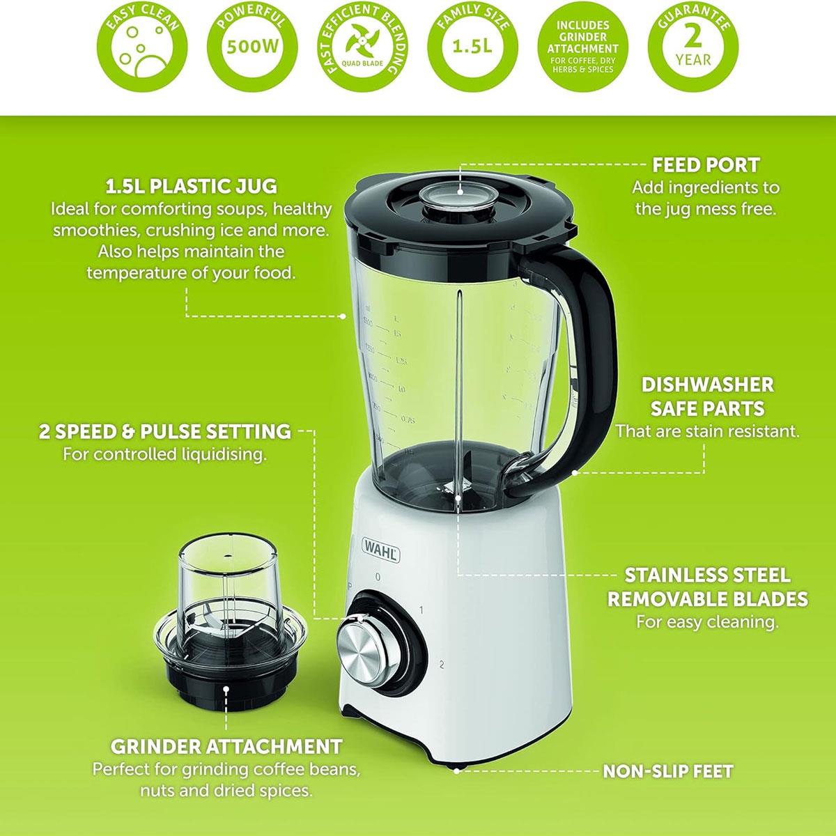 Wahl Table Blender 500W 1.5L Plastic Jug with Grinder Attachment 2 Speed & Pulse Stainless Steel Quad Blades White - Image 3