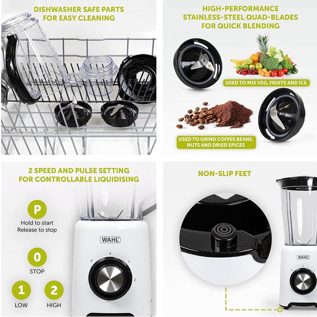 Wahl Table Blender 500W 1.5L Plastic Jug with Grinder Attachment 2 Speed & Pulse Stainless Steel Quad Blades White - Image 4
