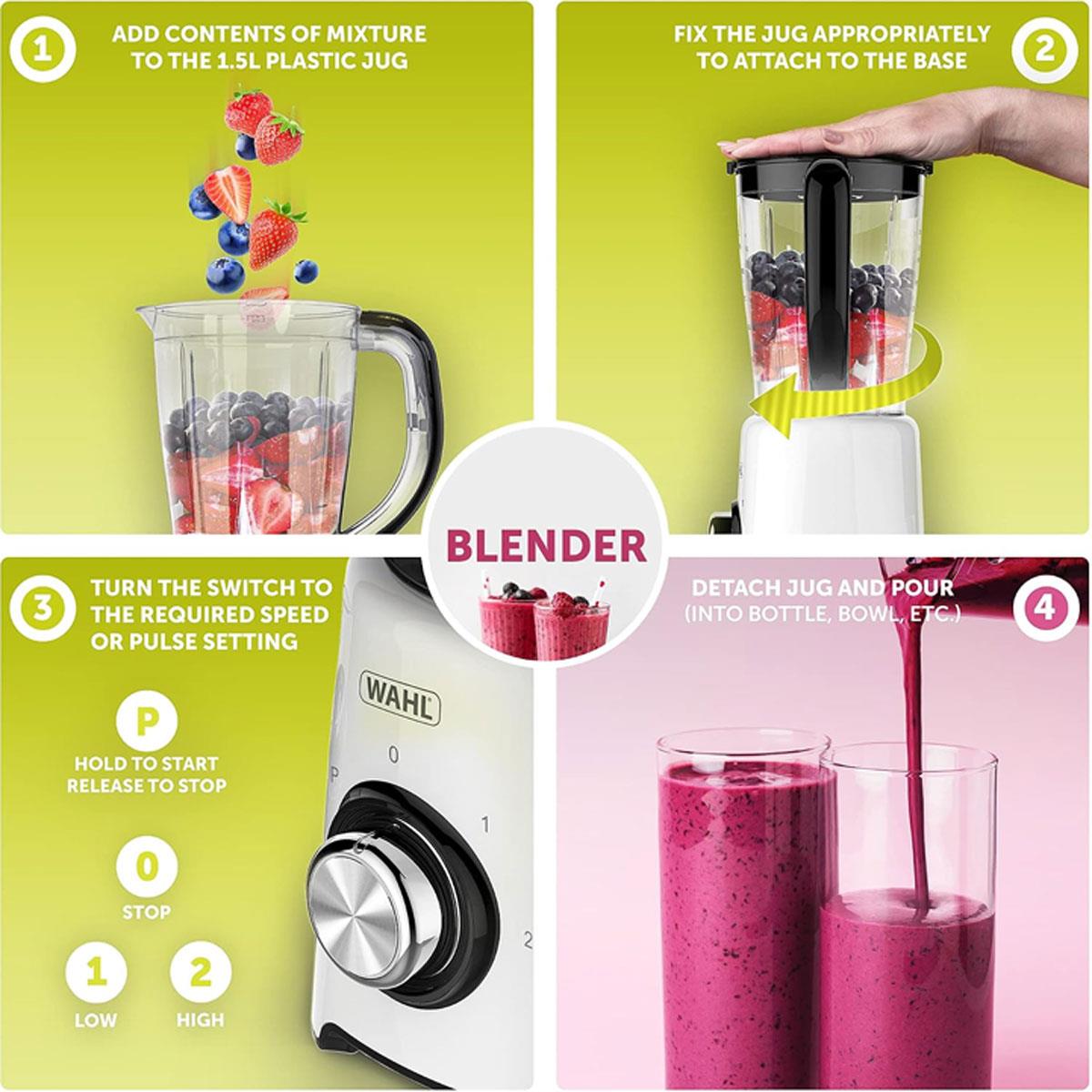 Wahl Table Blender 500W 1.5L Plastic Jug with Grinder Attachment 2 Speed & Pulse Stainless Steel Quad Blades White - Image 5