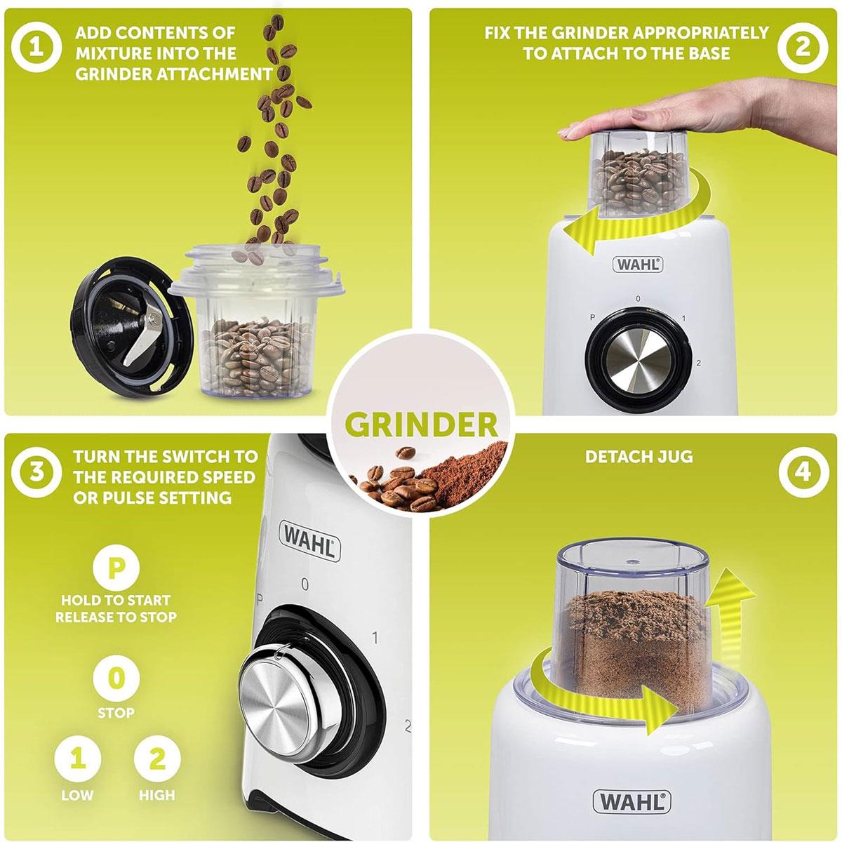 Wahl Table Blender 500W 1.5L Plastic Jug with Grinder Attachment 2 Speed & Pulse Stainless Steel Quad Blades White - Image 6
