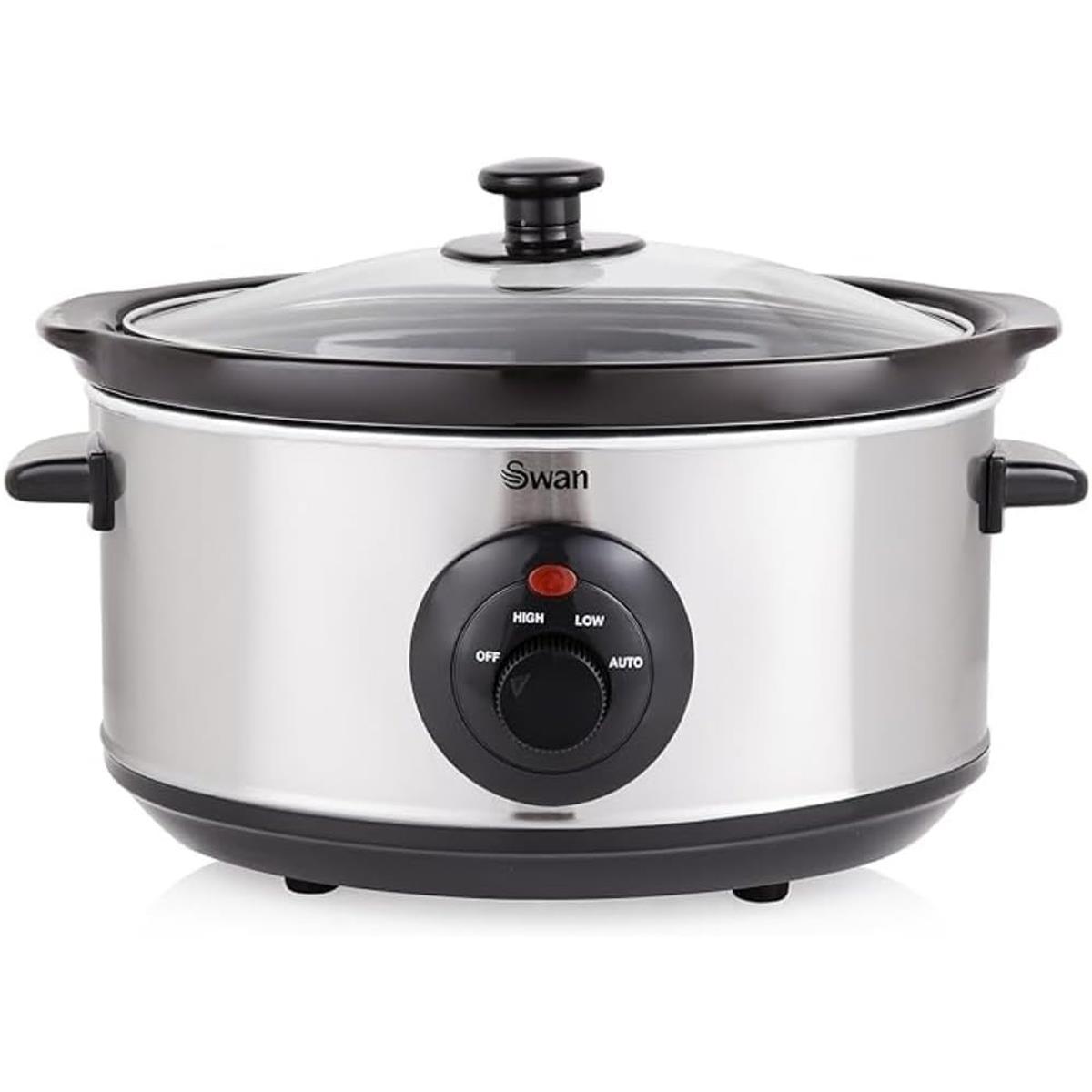 Swan Oval Slow Cooker 3.5 Litre 200W Stainless Steel With 3 Cooking Settings And Keep Warm Function Silver