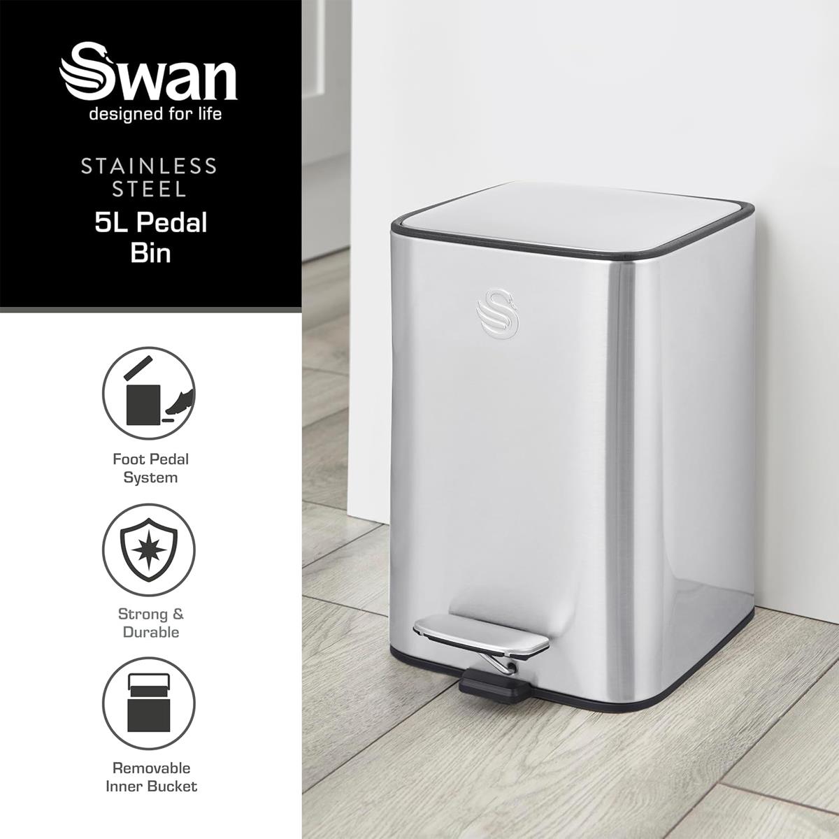 Swan 5L Stainless Steel Pedal Bin With Soft Close Lid Fingerprint Resistant Finish And Removable Inner Bucket - Image 2