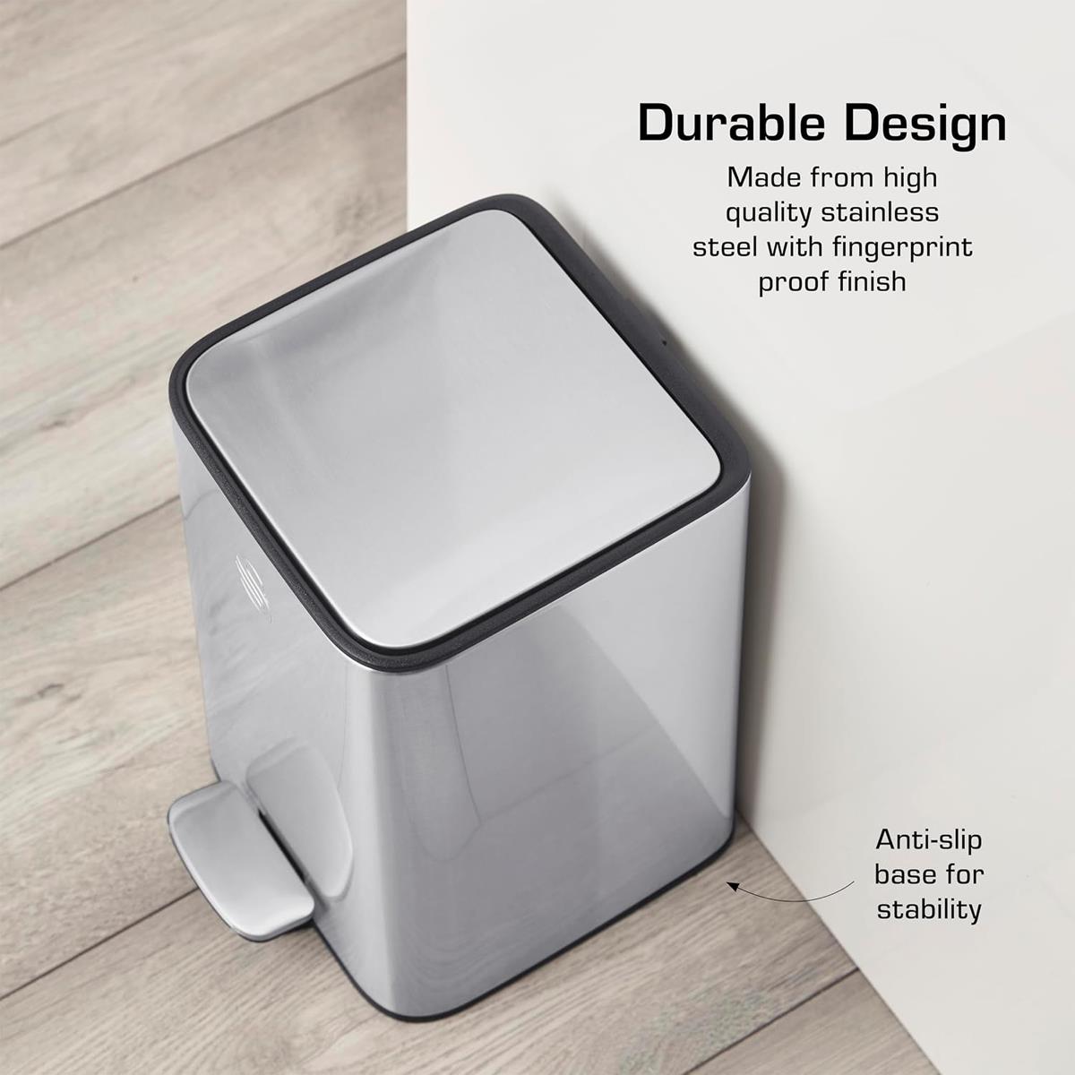 Swan 5L Stainless Steel Pedal Bin With Soft Close Lid Fingerprint Resistant Finish And Removable Inner Bucket - Image 3