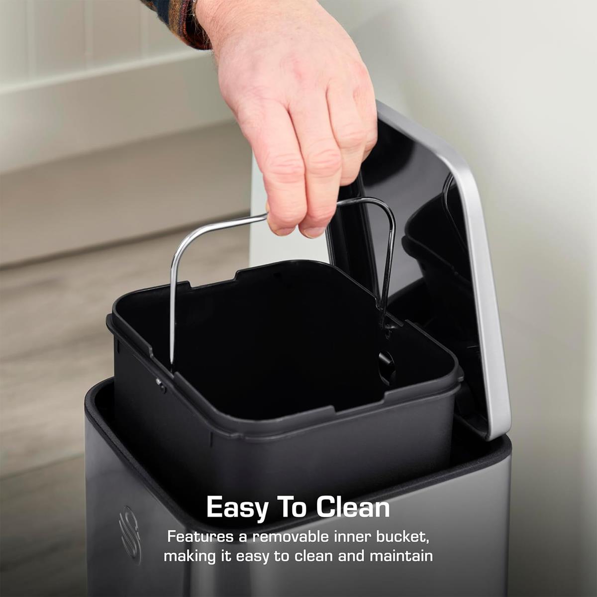 Swan 5L Stainless Steel Pedal Bin With Soft Close Lid Fingerprint Resistant Finish And Removable Inner Bucket - Image 4