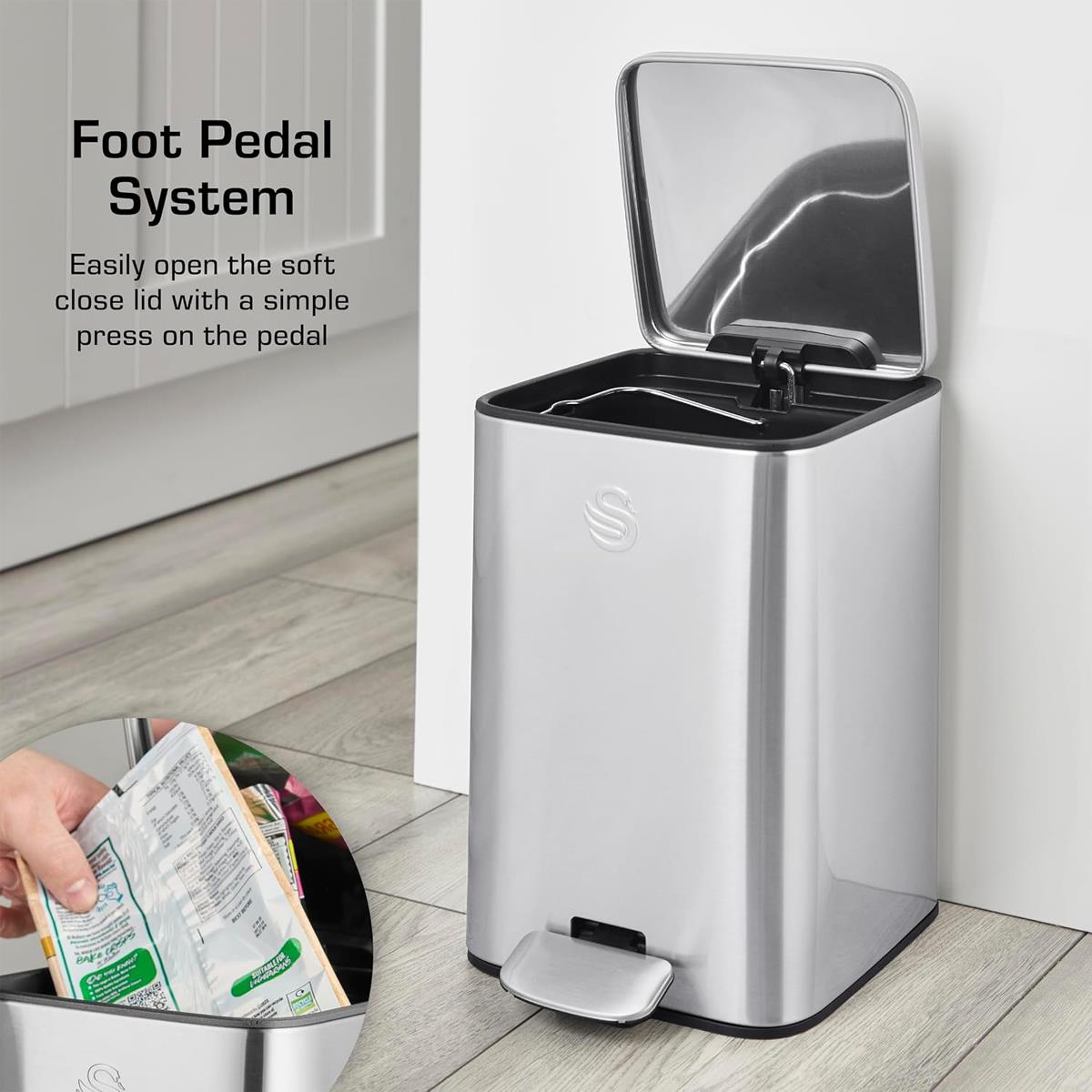 Swan 5L Stainless Steel Pedal Bin With Soft Close Lid Fingerprint Resistant Finish And Removable Inner Bucket - Image 5