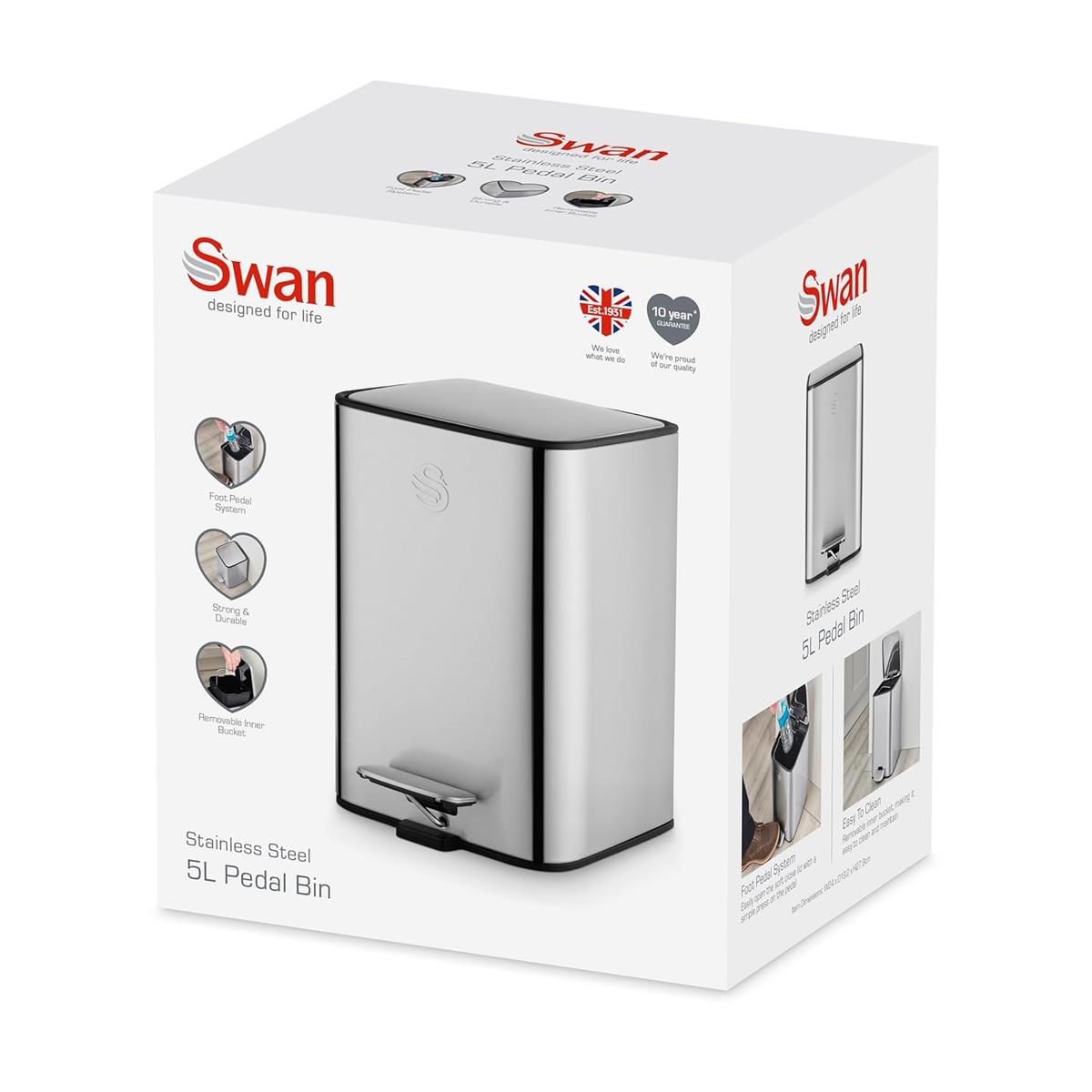 Swan 5L Stainless Steel Pedal Bin With Soft Close Lid Fingerprint Resistant Finish And Removable Inner Bucket - Image 8