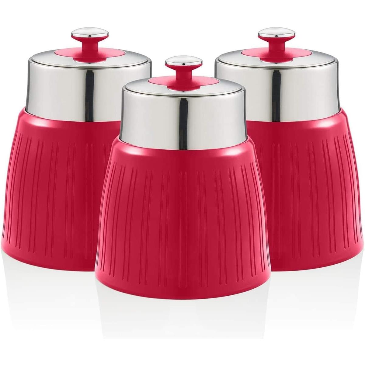 Swan Retro Set Of 3 Storage Canisters With Airtight Chrome Lids Tea Coffee Sugar Containers Red