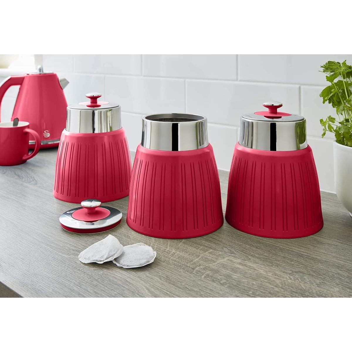 Swan Retro Set Of 3 Storage Canisters With Airtight Chrome Lids Tea Coffee Sugar Containers Red - Image 2
