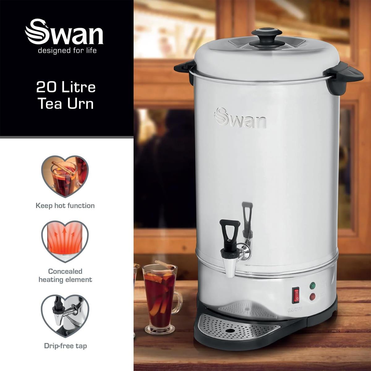 Swan 20L Stainless Steel Tea Urn Water Boiler With Concealed Heating Keep Warm Function And Drip Tray - Image 3