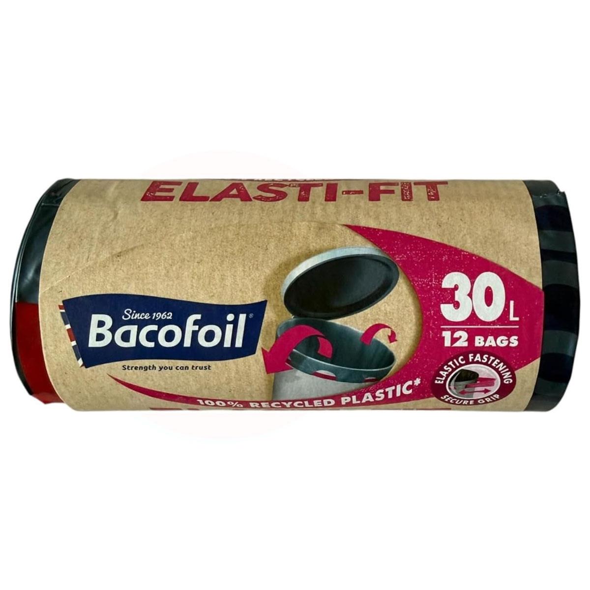 Bacofoil Elasti-Fit Kitchen Bin Liners 30L Black 12 Bags Recycled Plastic Leak Resistant Bags