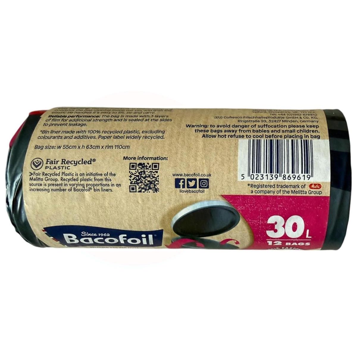 Bacofoil Elasti-Fit Kitchen Bin Liners 30L Black 12 Bags Recycled Plastic Leak Resistant Bags - Image 2
