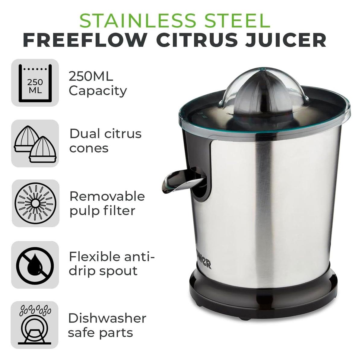 Tower Freeflow Citrus Juicer 85W Stainless Steel with Dual Cones Pulp Control Filter & Anti-Drip Spout - Image 2