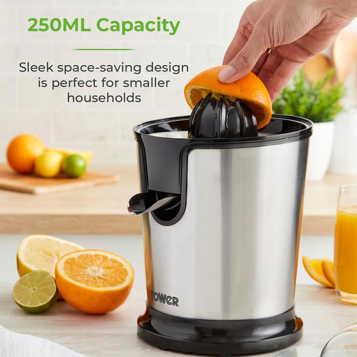Tower Freeflow Citrus Juicer 85W Stainless Steel with Dual Cones Pulp Control Filter & Anti-Drip Spout - Image 3