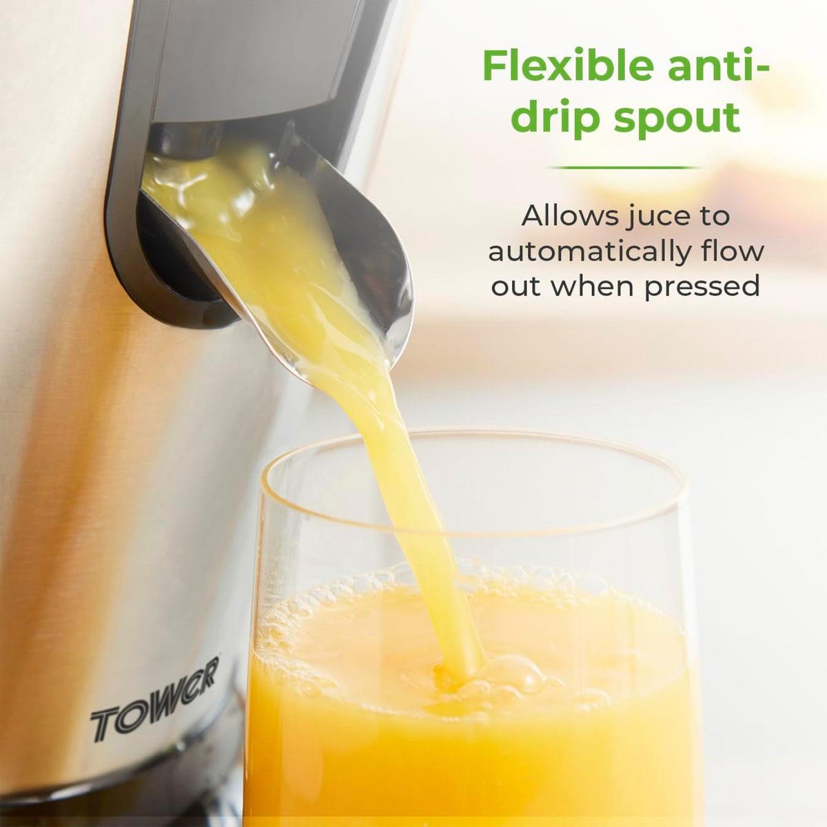 Tower Freeflow Citrus Juicer 85W Stainless Steel with Dual Cones Pulp Control Filter & Anti-Drip Spout - Image 6