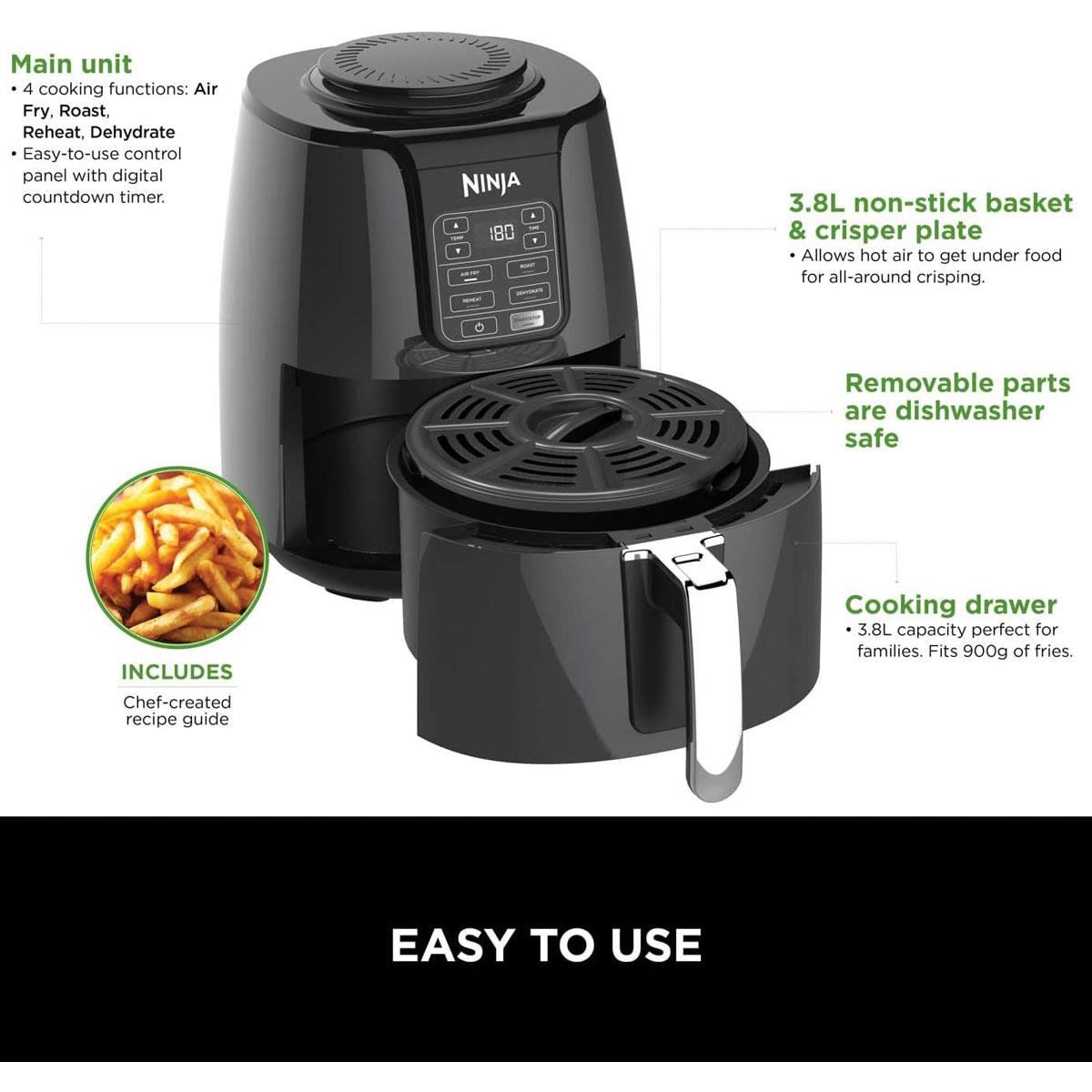 Ninja Air Fryer 3.8L 4-in-1 Digital Hot Air Fryer Grey Black Non-Stick Dishwasher Safe Basket - Image 3