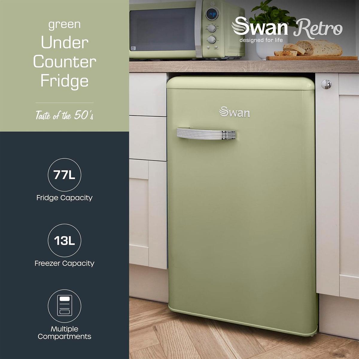 Swan Retro Under Counter Fridge Freezer 90L Green 77L Fridge 13L Freezer Glass Shelf Salad Drawer 3 Door Shelves - Image 3