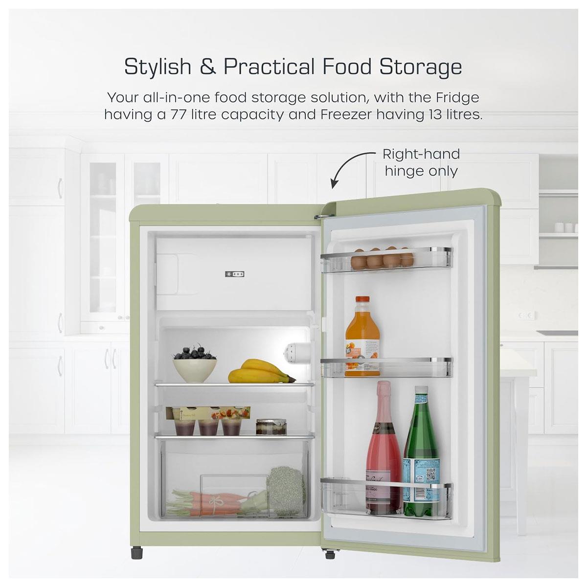 Swan Retro Under Counter Fridge Freezer 90L Green 77L Fridge 13L Freezer Glass Shelf Salad Drawer 3 Door Shelves - Image 4