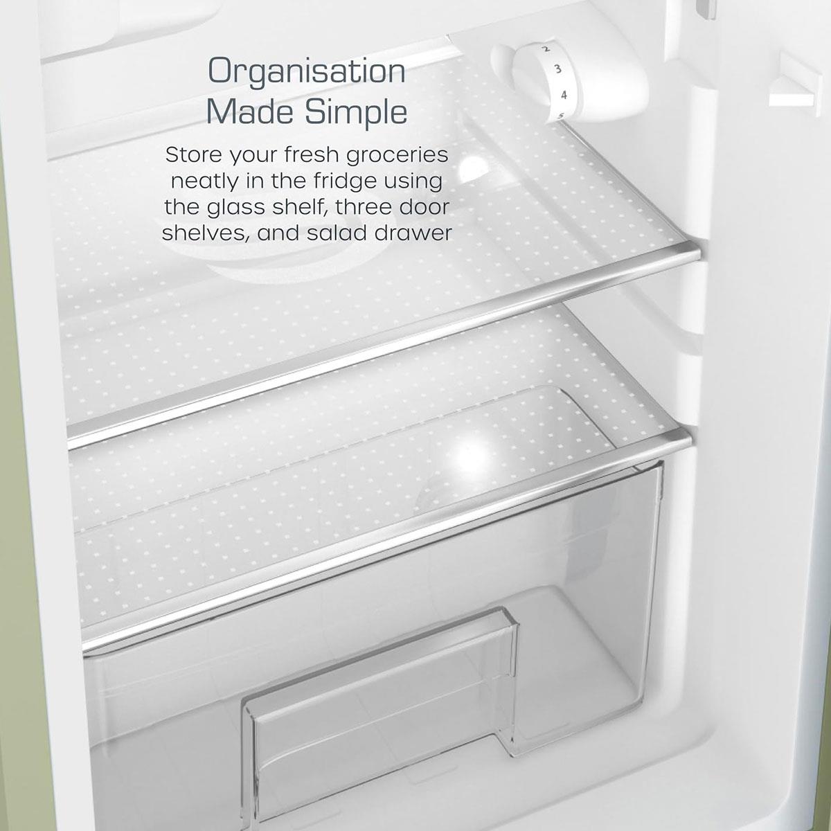 Swan Retro Under Counter Fridge Freezer 90L Green 77L Fridge 13L Freezer Glass Shelf Salad Drawer 3 Door Shelves - Image 5