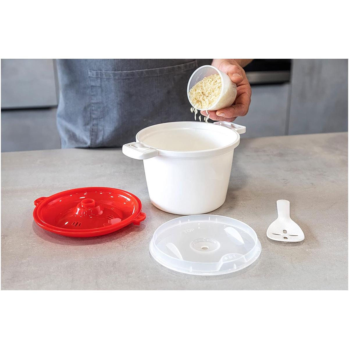 KitchenCraft Microwave Rice Cooker and Steamer 1.5L BPA Free Plastic White Red Microwave Safe - Image 2