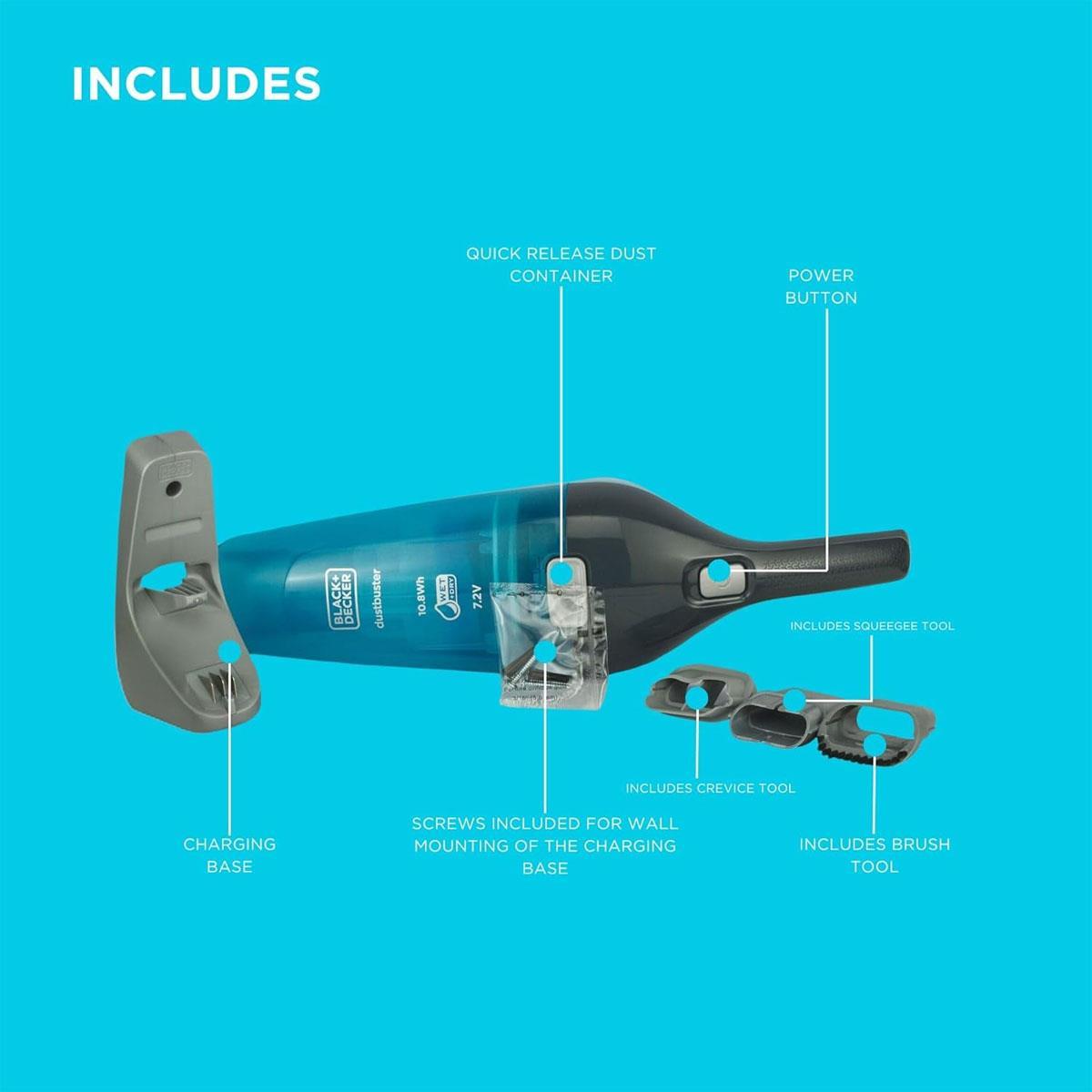 Black & Decker Dustbuster Wet & Dry Handheld Vacuum Cleaner 7.2V Cordless Lithium-Ion 385ml Grey & Blue - Image 4