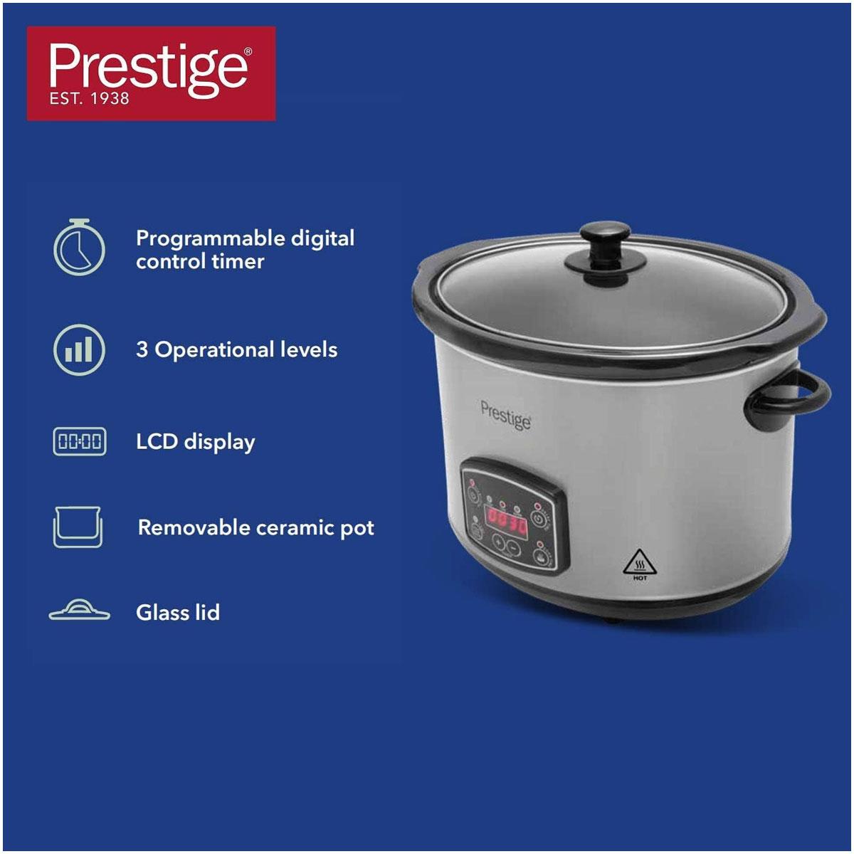 Prestige Digital Slow Cooker 5.6L Programmable Timer Ceramic Pot LCD Display Glass Lid Grey - Image 4