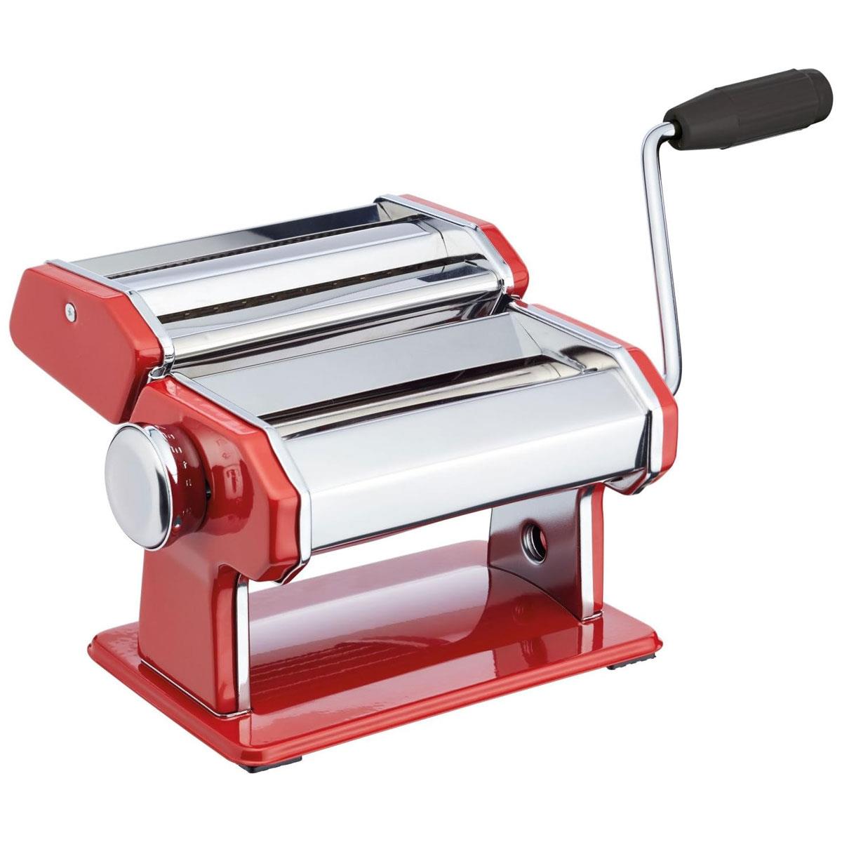 KitchenCraft World of Flavours Stainless Steel Manual Pasta Maker Machine Red with 9 Thickness Settings and Duo Cutter