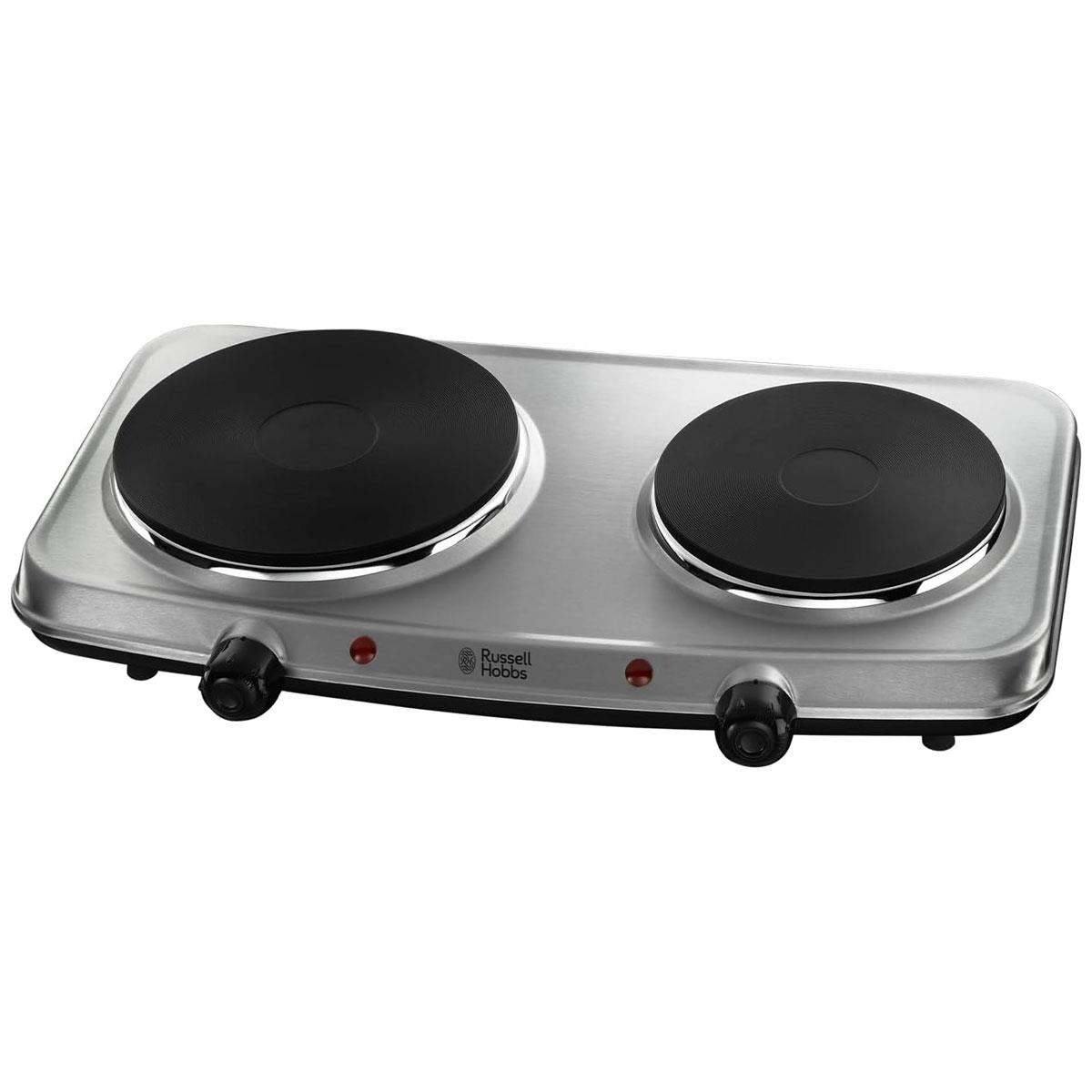 Russell Hobbs Double Hot Plate Electric Stainless Steel Hob 2250W Portable Tabletop Cooker with Cast Iron Plates & Individual Temperature Control