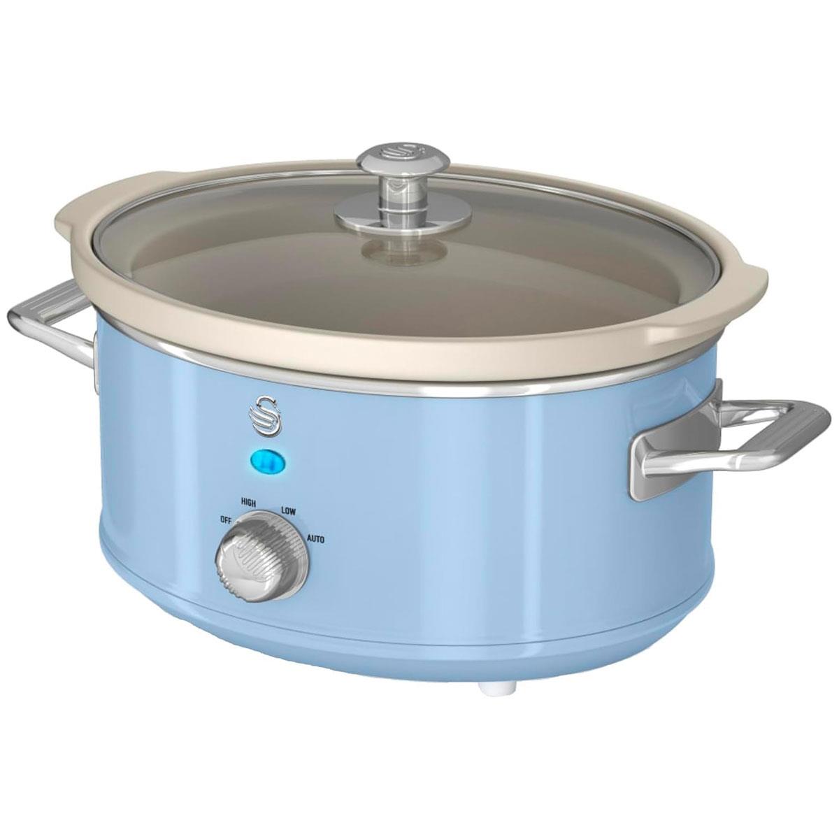 Swan Retro Slow Cooker 3.5L Blue Stainless Steel Housing Ceramic Pot Glass Lid 3 Temperature Settings