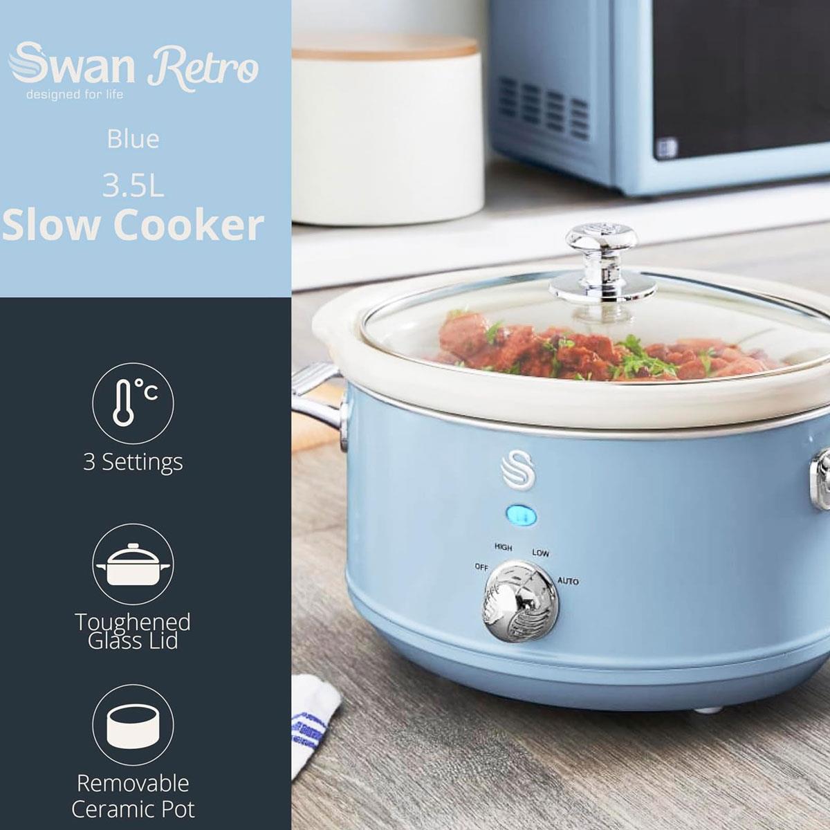 Swan Retro Slow Cooker 3.5L Blue Stainless Steel Housing Ceramic Pot Glass Lid 3 Temperature Settings - Image 2