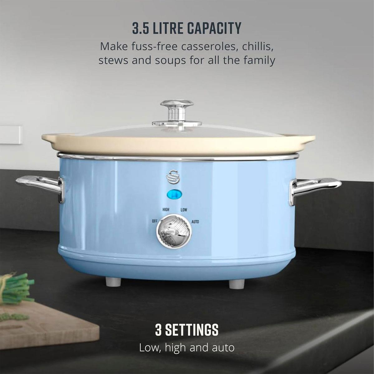 Swan Retro Slow Cooker 3.5L Blue Stainless Steel Housing Ceramic Pot Glass Lid 3 Temperature Settings - Image 3